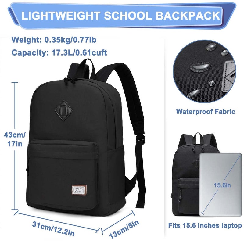 Kasqo Lightweight School Backpack, 17.3L Water-Resistant Casual College Bookbag for Men Women Teen Girls Boys, Black - Image 2